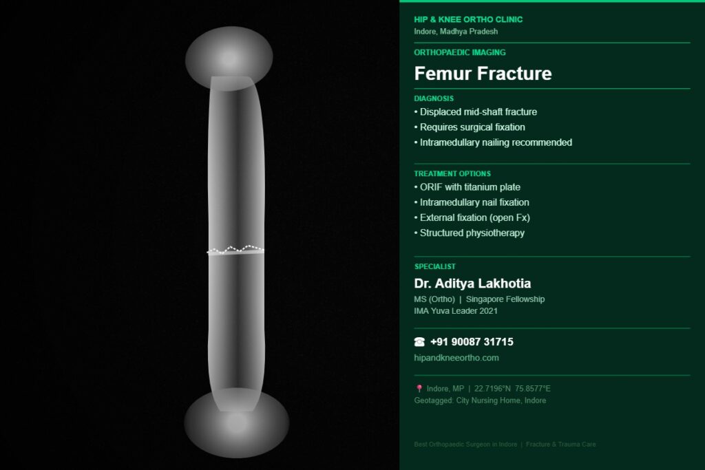 X-ray image showing femur shaft fracture — fracture treatment in Indore by Dr. Aditya Lakhotia, best orthopaedic doctor